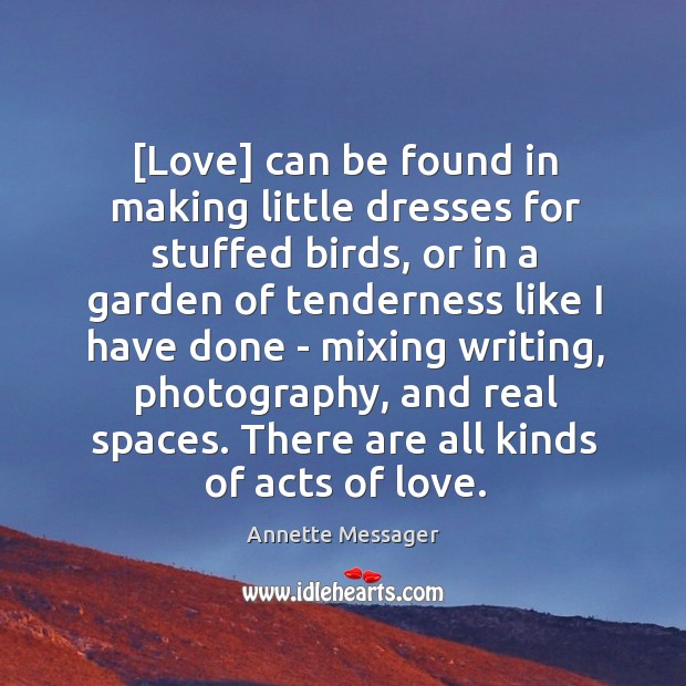 [Love] can be found in making little dresses for stuffed birds, or Annette Messager Picture Quote