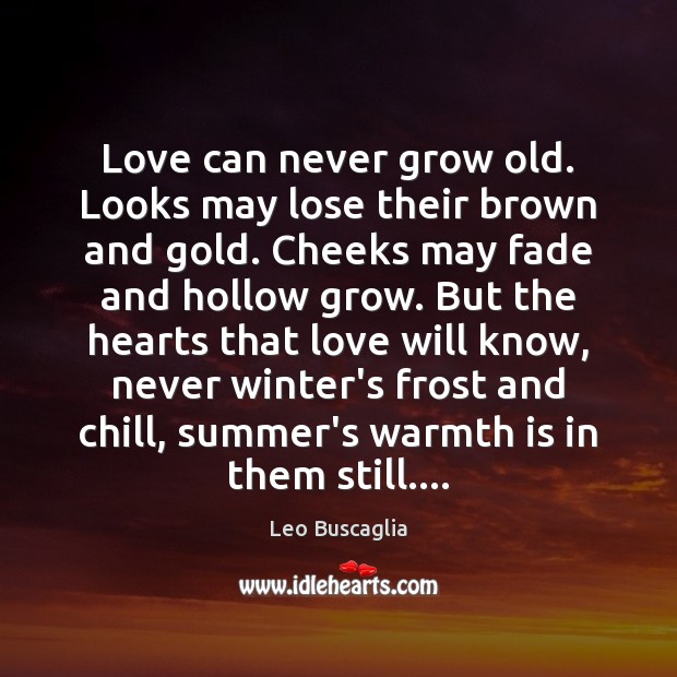 Love can never grow old. Looks may lose their brown and gold. Leo Buscaglia Picture Quote