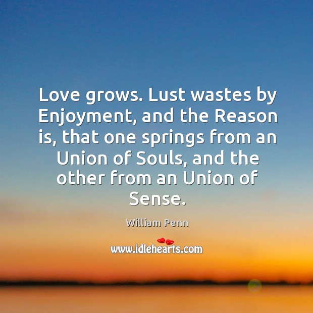 Love grows. Lust wastes by enjoyment, and the reason is William Penn Picture Quote