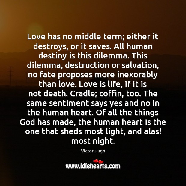 Love has no middle term; either it destroys, or it saves. All Victor Hugo Picture Quote