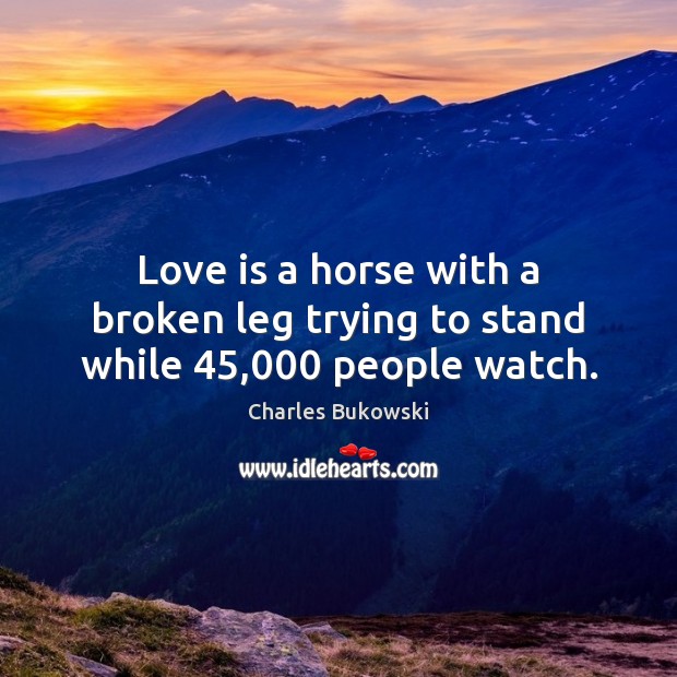 Love is a horse with a broken leg trying to stand while 45,000 people watch. Charles Bukowski Picture Quote
