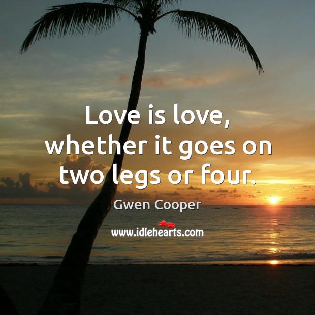 Love is love, whether it goes on two legs or four. Gwen Cooper Picture Quote