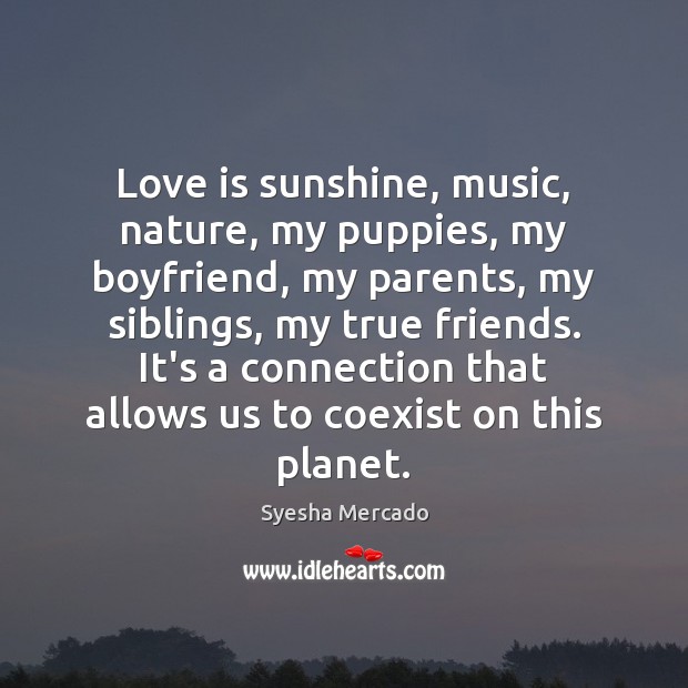 Love is sunshine, music, nature, my puppies, my boyfriend, my parents, my True Friends Quotes Image