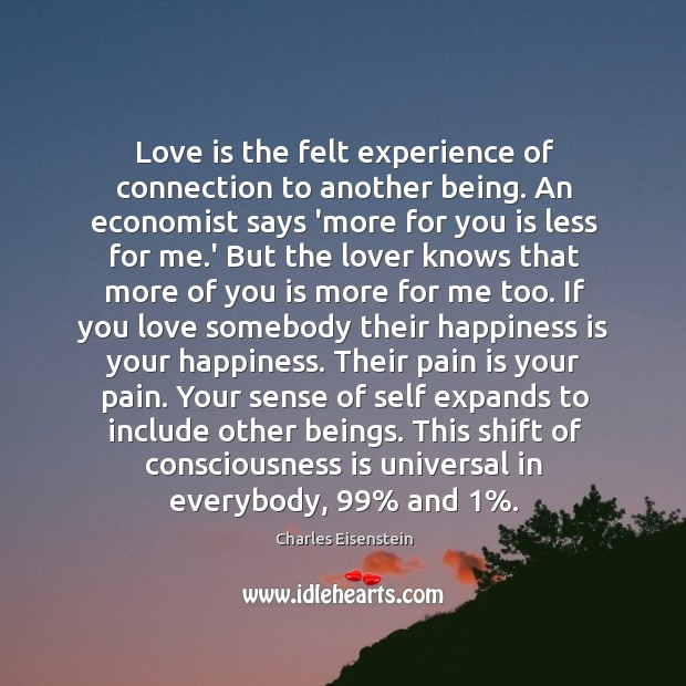 Love is the felt experience of connection to another being. An economist Charles Eisenstein Picture Quote