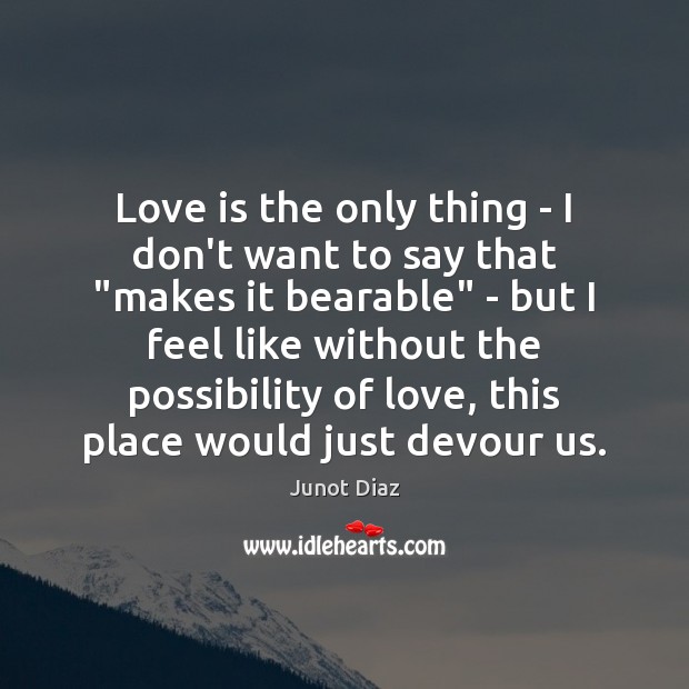 Love is the only thing – I don’t want to say that “ Junot Diaz Picture Quote