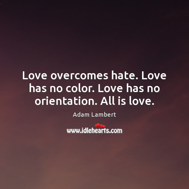 Love overcomes hate. Love has no color. Love has no orientation. All is love. Adam Lambert Picture Quote