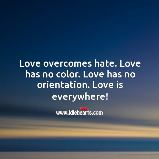 Love overcomes hate. Love has no color. Love has no orientation. Love is everywhere! Hate Quotes Image