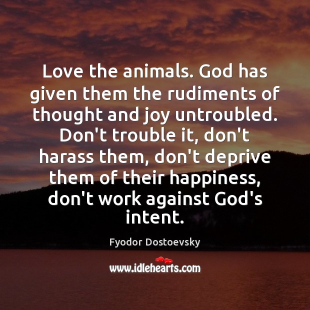 Love the animals. God has given them the rudiments of thought and Fyodor Dostoevsky Picture Quote