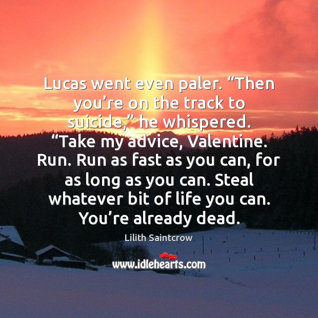 Lucas went even paler. “Then you’re on the track to suicide,” Lilith Saintcrow Picture Quote