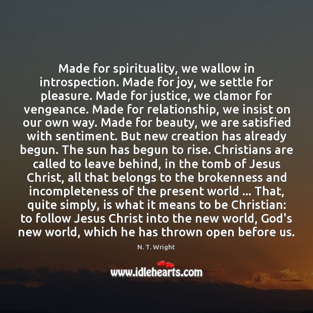 Made for spirituality, we wallow in introspection. Made for joy, we settle N. T. Wright Picture Quote