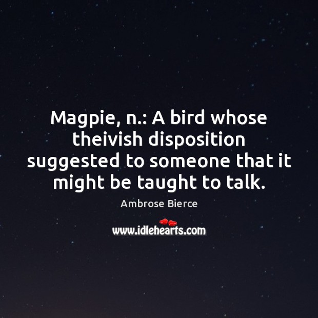 Magpie, n.: A bird whose theivish disposition suggested to someone that it Ambrose Bierce Picture Quote