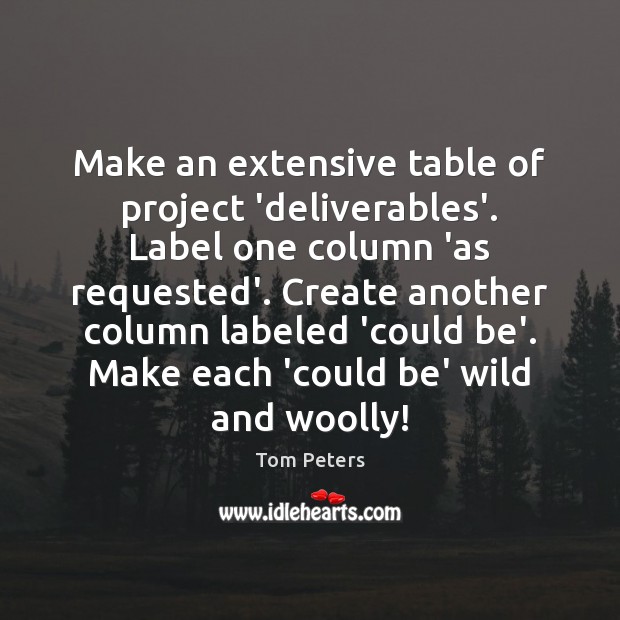 Make an extensive table of project ‘deliverables’. Label one column ‘as requested’. Tom Peters Picture Quote