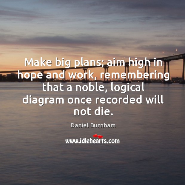Make big plans; aim high in hope and work, remembering that a noble, logical diagram once recorded will not die. Daniel Burnham Picture Quote