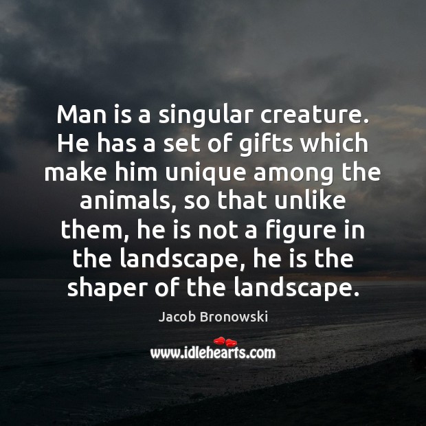 Man is a singular creature. He has a set of gifts which Jacob Bronowski Picture Quote