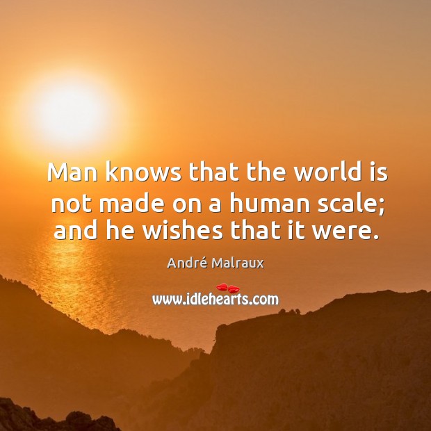 Man knows that the world is not made on a human scale; and he wishes that it were. André Malraux Picture Quote