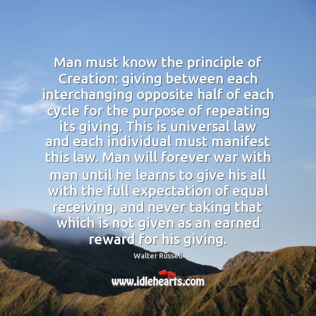 Man must know the principle of Creation: giving between each interchanging opposite Walter Russell Picture Quote