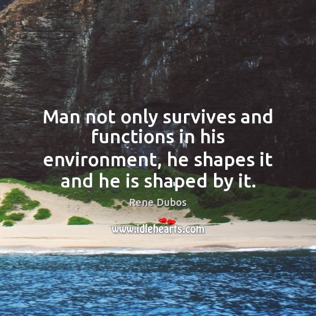 Man not only survives and functions in his environment, he shapes it Rene Dubos Picture Quote