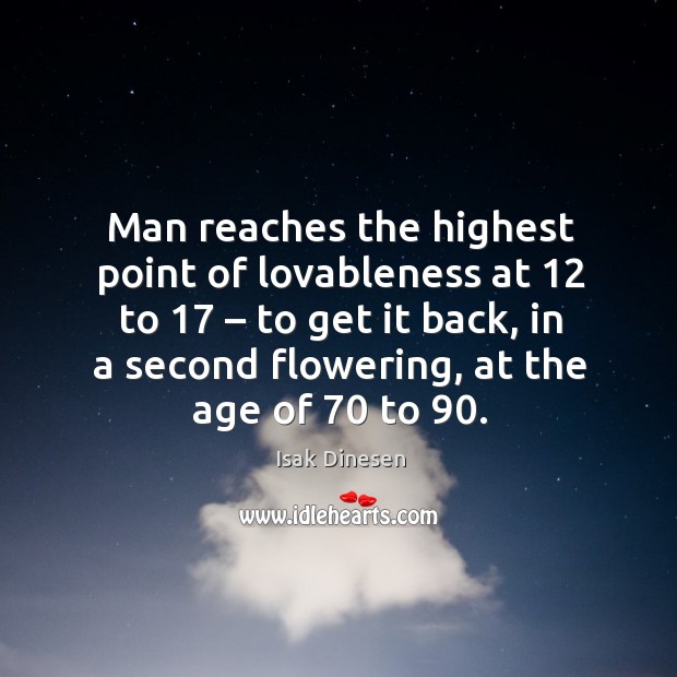 Man reaches the highest point of lovableness at 12 to 17 – to get it back, in a second flowering, at the age of 70 to 90. Image