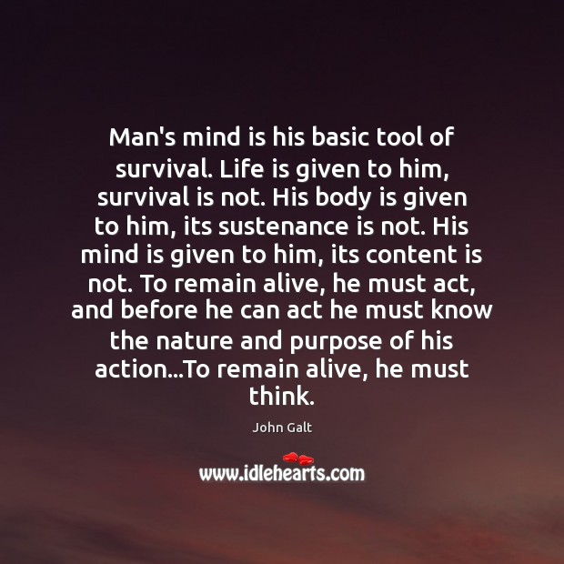 Man’s mind is his basic tool of survival. Life is given to John Galt Picture Quote