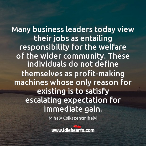 Many business leaders today view their jobs as entailing responsibility for the Mihaly Csikszentmihalyi Picture Quote