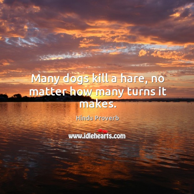Many dogs kill a hare, no matter how many turns it makes. Hindu Proverbs Image