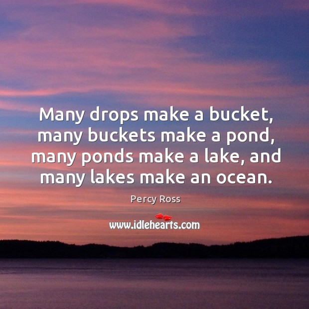 Many drops make a bucket, many buckets make a pond, many ponds make a lake, and many lakes make an ocean. Percy Ross Picture Quote