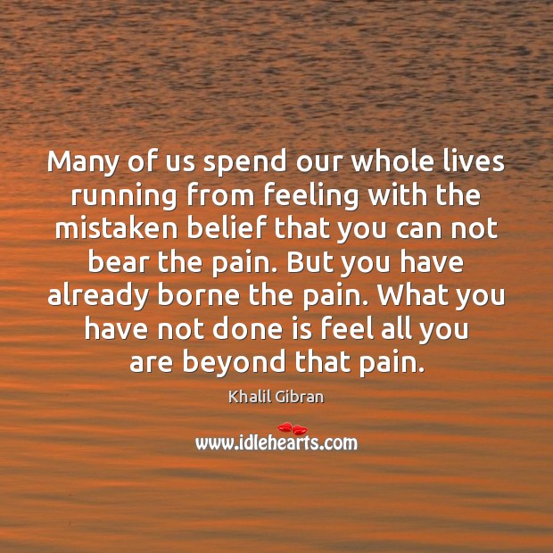Many of us spend our whole lives running from feeling with the Khalil Gibran Picture Quote