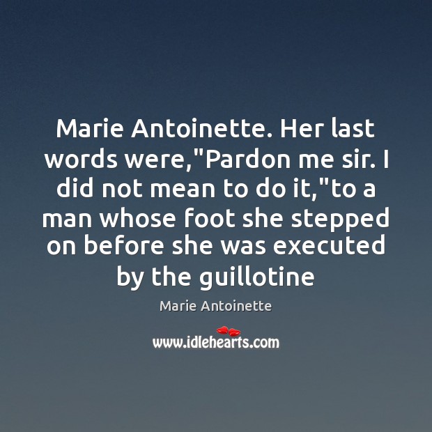 Marie Antoinette. Her last words were,”Pardon me sir. I did not 
