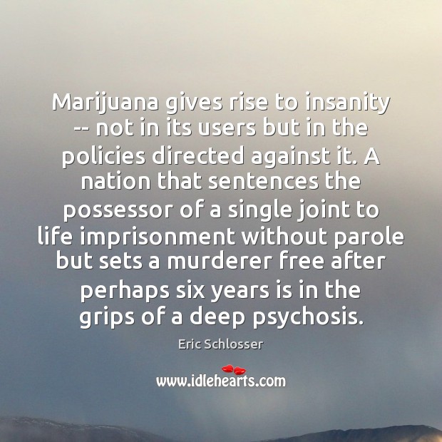 Marijuana gives rise to insanity — not in its users but in Eric Schlosser Picture Quote