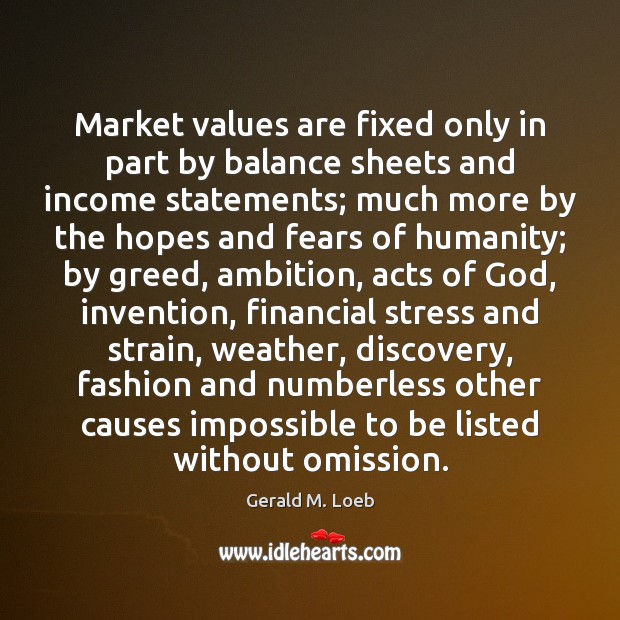 Market values are fixed only in part by balance sheets and income Gerald M. Loeb Picture Quote