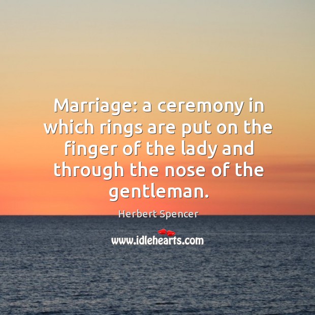 Marriage: a ceremony in which rings are put on the finger of the lady and through the nose of the gentleman. Image