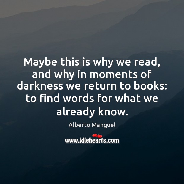 Maybe this is why we read, and why in moments of darkness Alberto Manguel Picture Quote