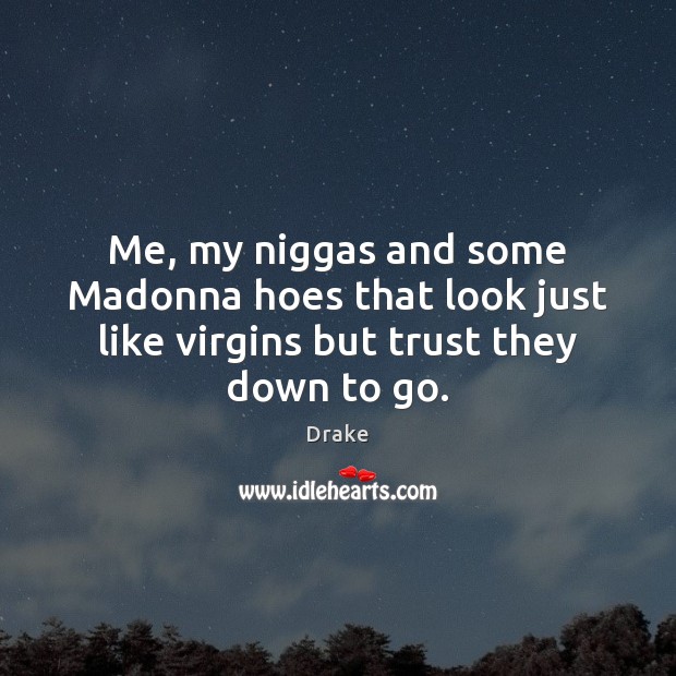 Me, my niggas and some Madonna hoes that look just like virgins but trust they down to go. Drake Picture Quote