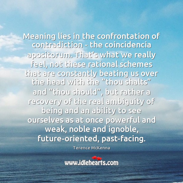 Meaning lies in the confrontation of contradiction – the coincidencia apositorum. That’ Terence McKenna Picture Quote