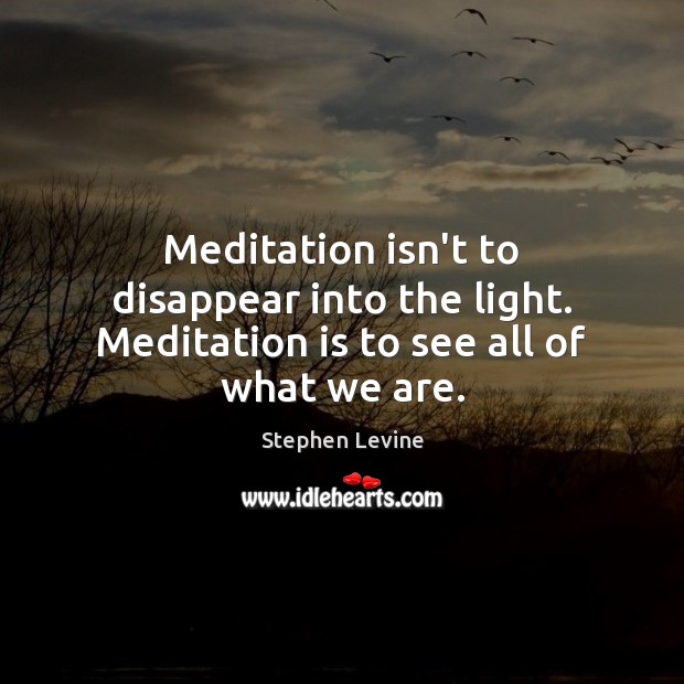 Meditation isn’t to disappear into the light. Meditation is to see all of what we are. Stephen Levine Picture Quote