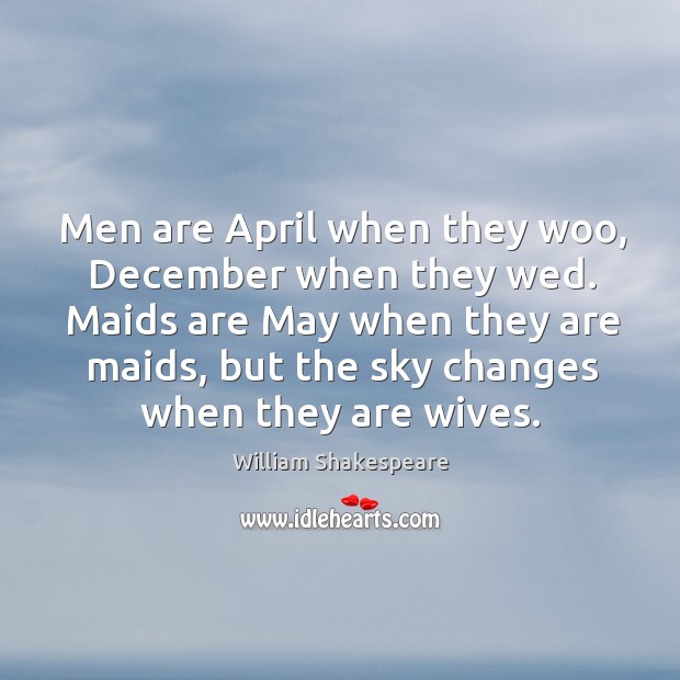 Men are april when they woo, december when they wed. Maids are William Shakespeare Picture Quote