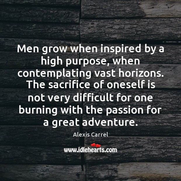 Men grow when inspired by a high purpose, when contemplating vast horizons. Alexis Carrel Picture Quote
