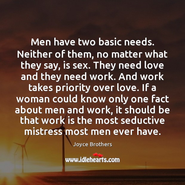 Men have two basic needs. Neither of them, no matter what they Joyce Brothers Picture Quote