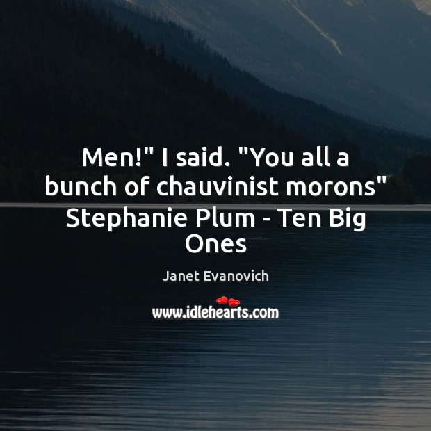 Men!” I said. “You all a bunch of chauvinist morons” Stephanie Plum – Ten Big Ones Janet Evanovich Picture Quote