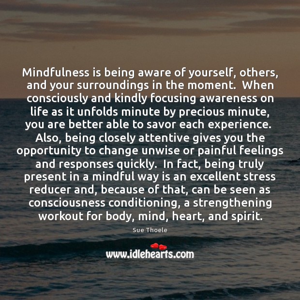 Mindfulness is being aware of yourself, others, and your surroundings in the Sue Thoele Picture Quote