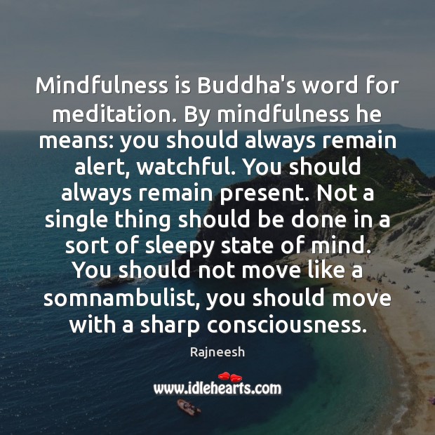 Mindfulness is Buddha’s word for meditation. By mindfulness he means: you should Rajneesh Picture Quote