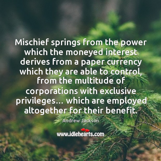 Mischief springs from the power which the moneyed interest derives from Andrew Jackson Picture Quote