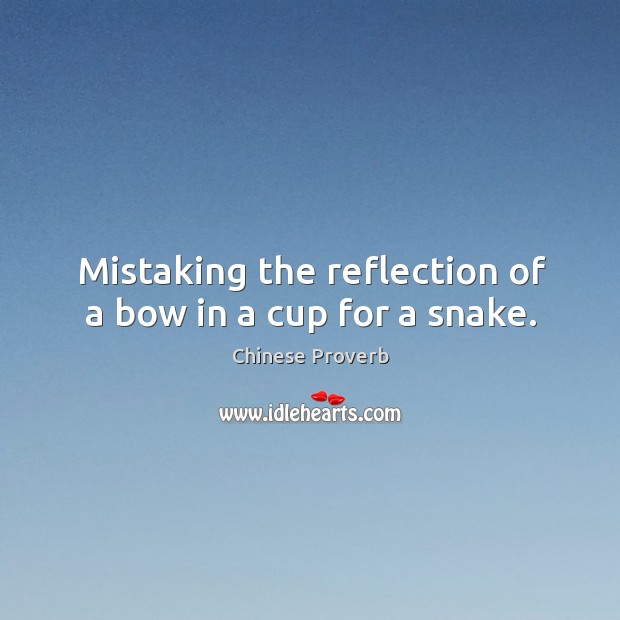 Mistaking the reflection of a bow in a cup for a snake. Chinese Proverbs Image