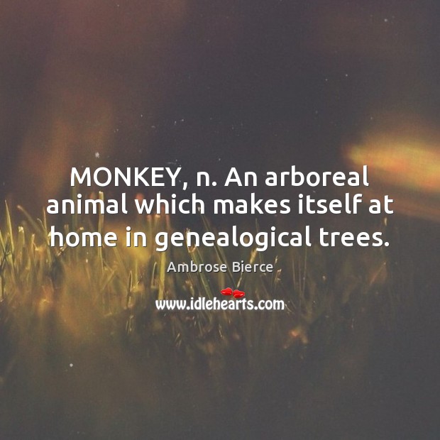 MONKEY, n. An arboreal animal which makes itself at home in genealogical trees. Ambrose Bierce Picture Quote