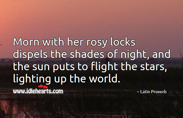 Morn with her rosy locks dispels the shades of night, and the sun puts to flight the stars, lighting up the world. Latin Proverbs Image