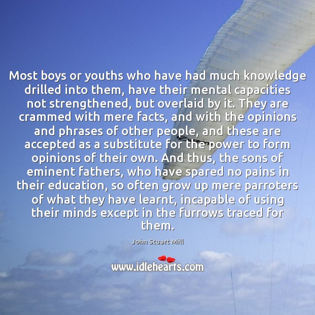Most boys or youths who have had much knowledge drilled into them, John Stuart Mill Picture Quote
