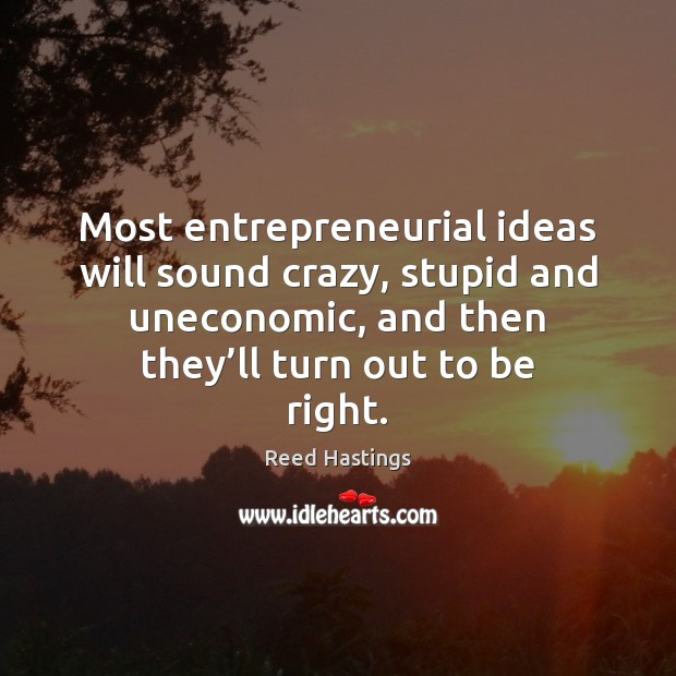Most entrepreneurial ideas will sound crazy, stupid and uneconomic, and then they’ Reed Hastings Picture Quote