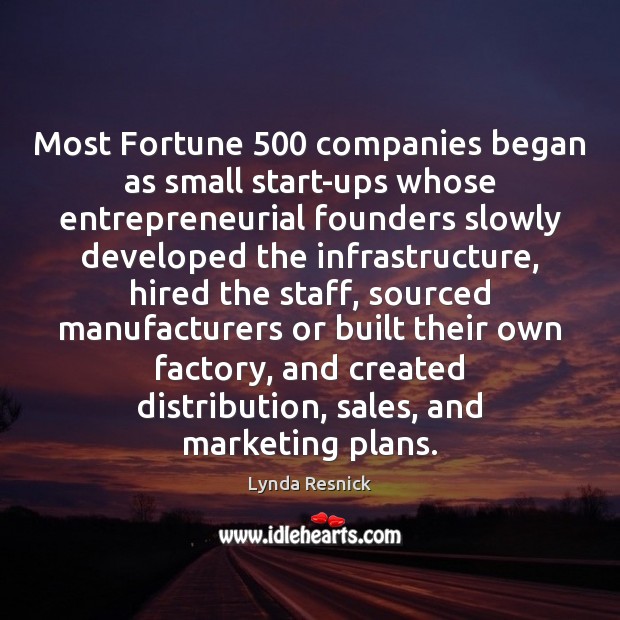 Most Fortune 500 companies began as small start-ups whose entrepreneurial founders slowly developed Lynda Resnick Picture Quote