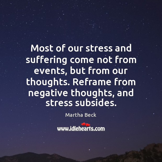 Most of our stress and suffering come not from events, but from Martha Beck Picture Quote