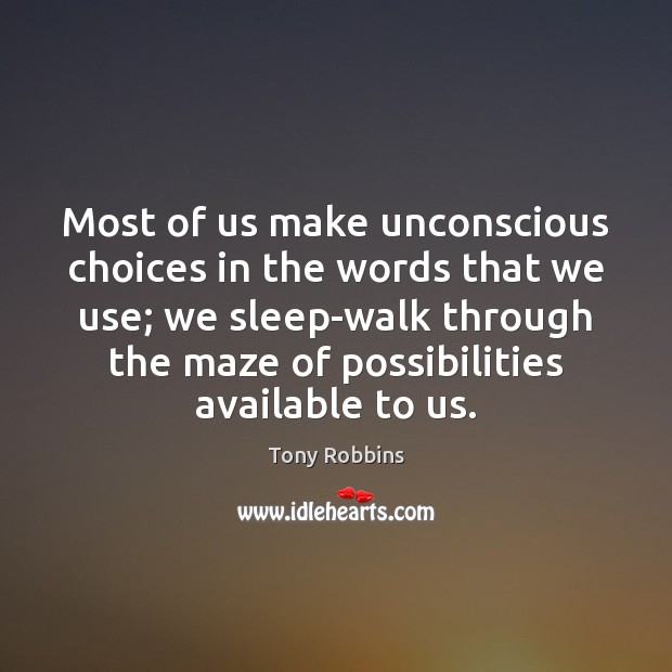 Most of us make unconscious choices in the words that we use; Tony Robbins Picture Quote